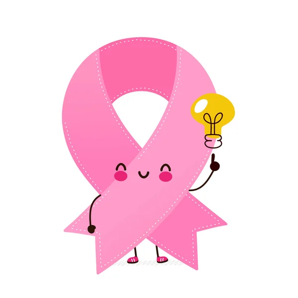 Lindo personaje de cinta rosa con bombilla idea — Vector de stock