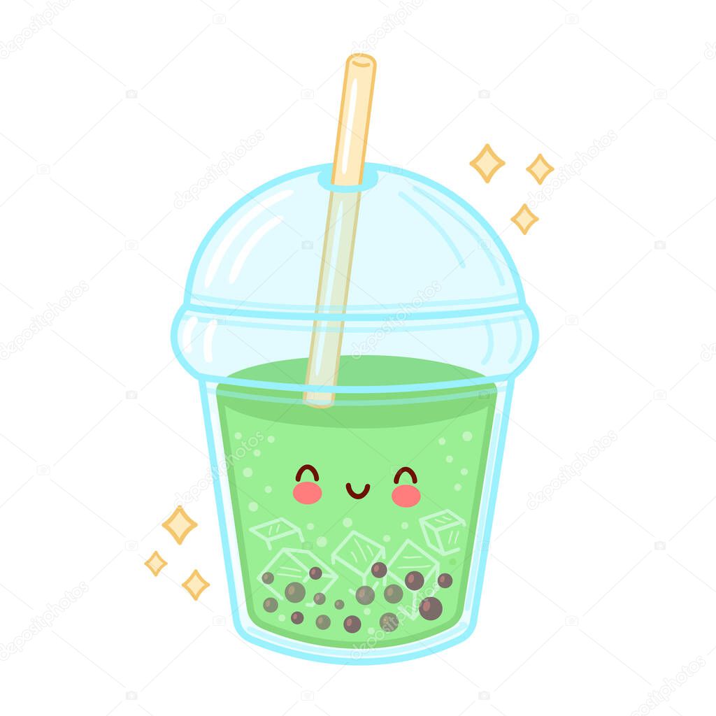 Cute happy funny bubble tea cup. Vector flat line cartoon kawaii character illustration icon. Isolated on white background. Boba, bubble tea concept