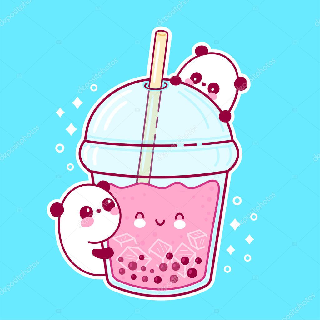Cute happy funny bubble tea cup and pandas. Vector flat line cartoon kawaii character illustration icon. Boba, bubble tea concept