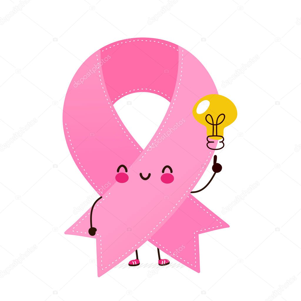 Cute pink ribbon character with idea light bulb