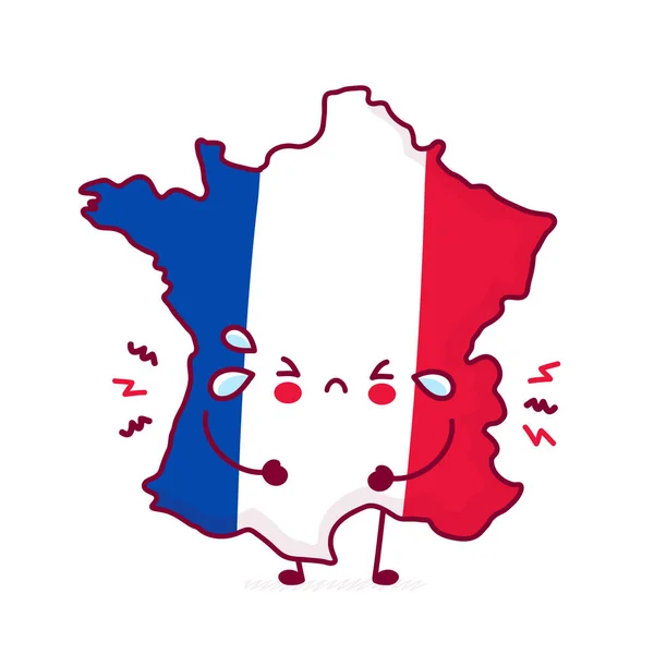 Carino triste divertente mappa della Francia e personaggio bandiera — Vettoriale Stock
