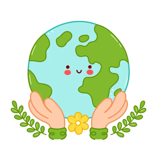 Mãos segurar bonito feliz engraçado planeta Terra personagem —  Vetores de Stock