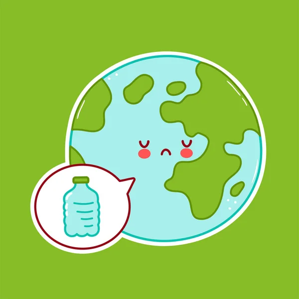 Cute sad Earth planet character and plastic bottle — Stock Vector