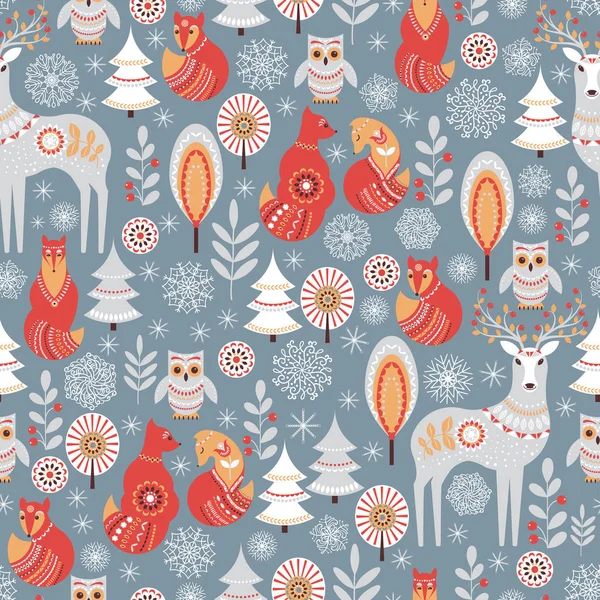 Seamless pattern with winter forest, deer, owl and fox. — Stock Illustration Seamless pattern with winter forest, deer, owl and fox. Stock Vector