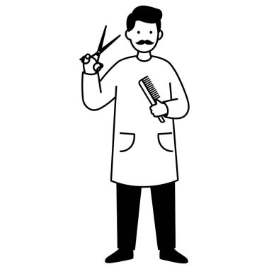 Makas ve Taraklı Basit Çizgi Çizim Berberi