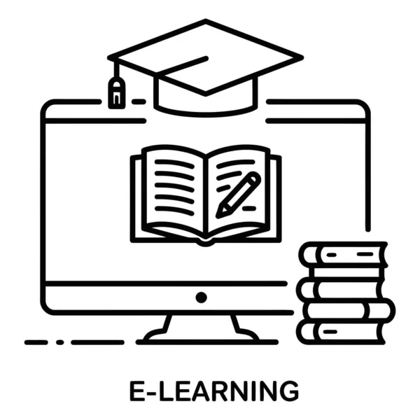 Bilgisayar Ekranında Kitap ve Mezuniyet Kapağıyla E-Öğrenmenin Ana Satır Simgesi