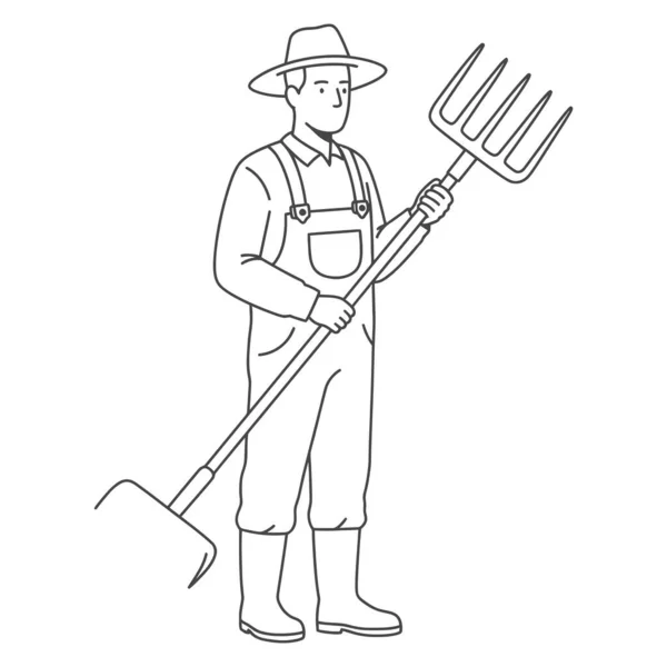 Lineart Ayakta Duran Tam Vücut Çiftçi Pitchfork Tarım Çizimi