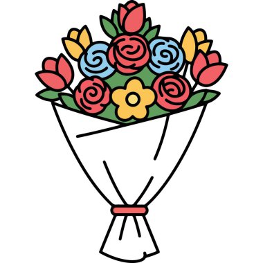 Basit Çizgi Sanat Renkli Çiçek Buketi Paketli Kağıt Çizimi