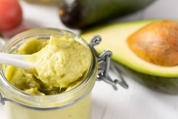 Homemade Avocado Spread Guacamole Glass Jar Vegan Raw Healthy Food — Stock Photo, Image