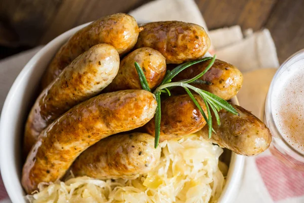 Grilled Sausages Cabbage Mustard Beer — Stock Photo, Image