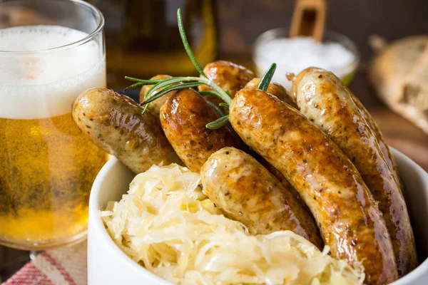 Grilled Sausages Cabbage Mustard Beer — Stock Photo, Image