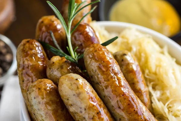 Traditional Grilled Sausages with Cabbage Salad, Mustard and Bee — Stock Photo, Image
