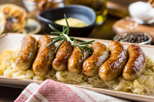 Homemade Pork Sausages with Cabbage, Mustard and Beer — Stock Photo, Image