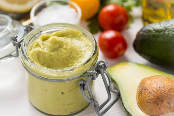 Vegan Raw Healthy Food Concept Homemade Avocado Spread Guacamole Jar — Stock Photo, Image