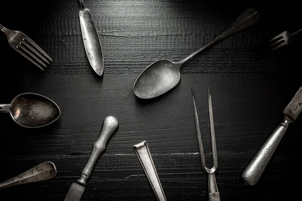 Cubertería Rústica Antigua Sobre Fondo Madera Oscura Concepto Cocina Comida — Foto de Stock