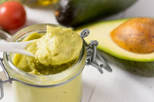 Vegan Raw Healthy Food Concept Homemade Avocado Spread Guacamole Jar — Stock Photo, Image