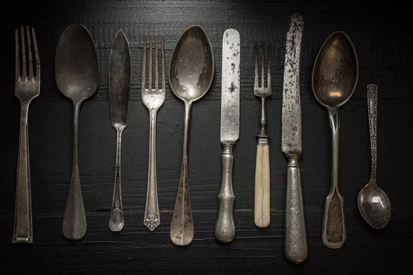 Old Rustic Cutlery Dark Wooden Background Kitchen Food Concept — Stock Photo, Image