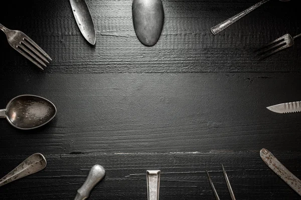 Platería Rústica Sobre Fondo Madera Oscura Concepto Cocina Restaurante — Foto de Stock