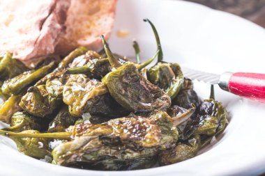 Yeşil Padron biber zeytinyağı rustik beyaz plaka ile. Pimie