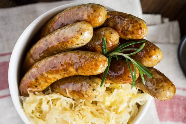 Traditional German Sausages with Cabbage Salad, Mustard and Beer — Stock Photo, Image