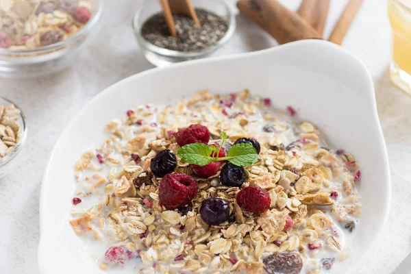 Muesli With Milk, Chia Seeds, Berries and Cinnamon with Freshly — Stock Photo, Image