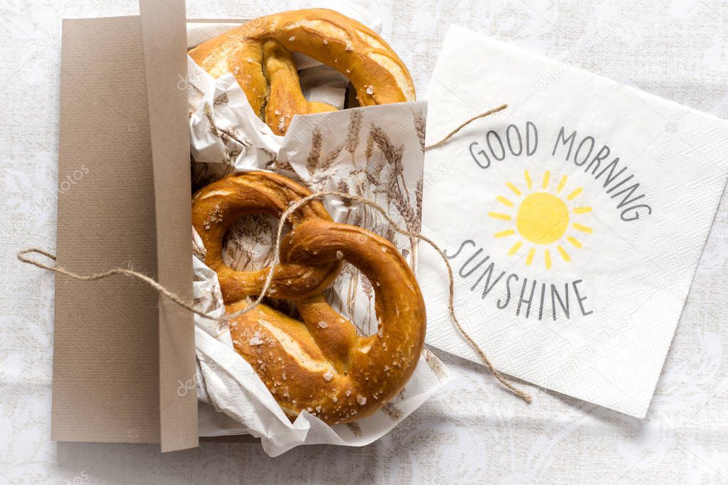 Good Morning Sunshine Background. Pretzels in a Box for Breakfas