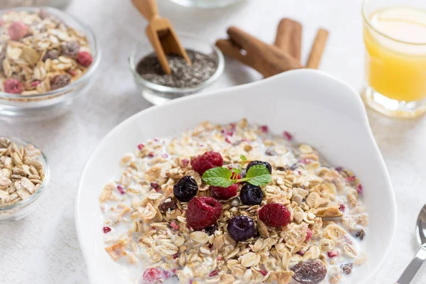 Healthy Breakfast Muesli With Milk, Chia Seeds, Berries and Cinn — Stock Photo, Image