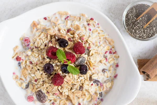 Healthy Breakfast Muesli With Milk, Chia Seeds, Berries and Cinn — Stock Photo, Image