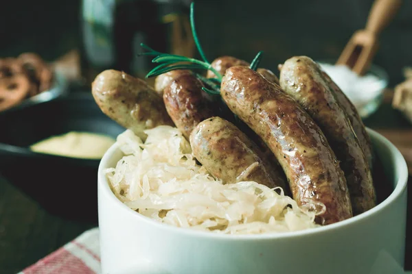 Traditional German Grilled Sausages Bratwurst Cabbage Salad Mustard Beer — Stock Photo, Image