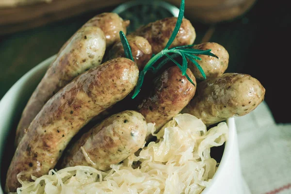Traditional Bavarian Grilled Sausages Cabbage Salad Mustard Beer — Stock Photo, Image