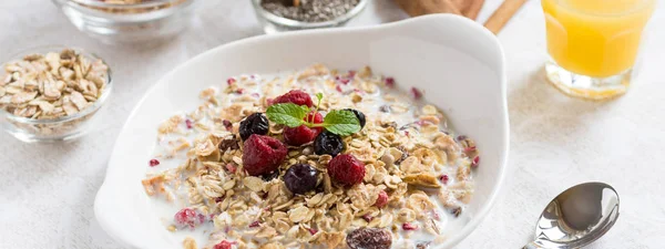 Healthy Breakfast Muesli With Milk, Chia Seeds, Berries and Cinnamon. Sunny Morning. — Stock Photo, Image