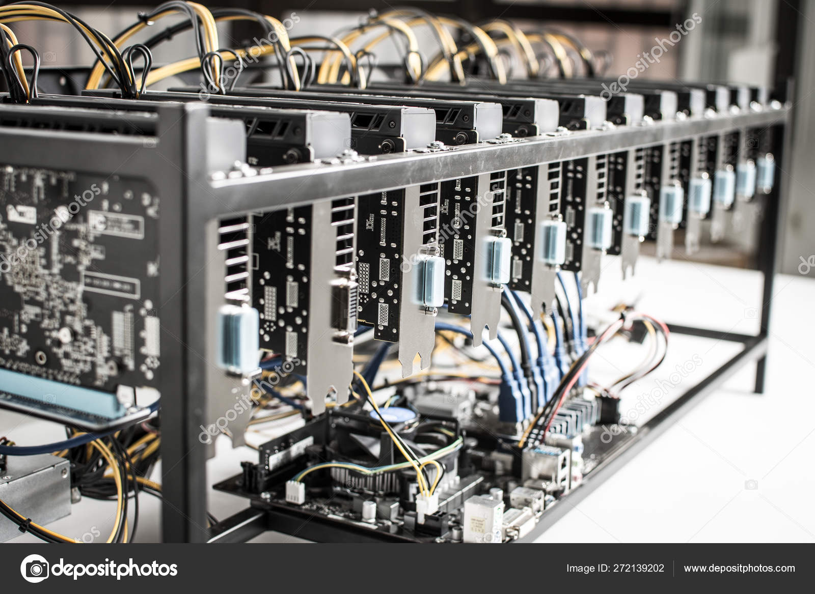 Mining Rig Machine for Cryptocurrency Using Powerful Computer Graphic Cards  — Stock Photo © Victority #272139202