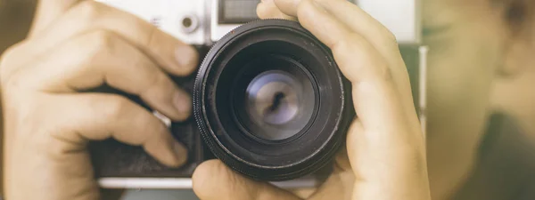 Young Boy Holding Vintage Camera Like Professional Photographer — Stock Photo, Image