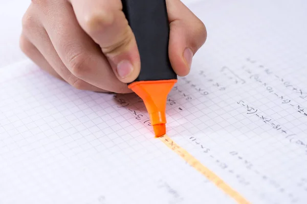 Highlighter in Childrens Hand Marked Text in Notebook. School Co — Stock Photo, Image