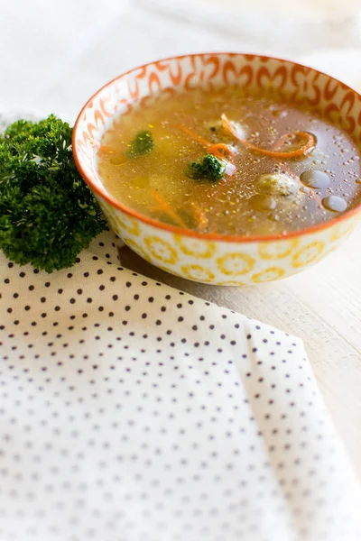 Świeża Zupa Warzywna Kluskami Kolorowej Misce — Zdjęcie stockowe