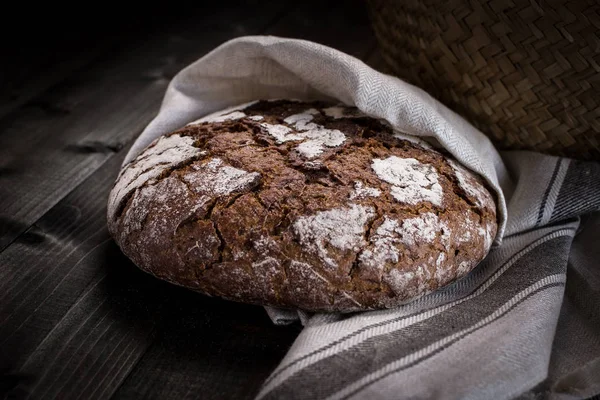 Traditional Whole Grain Rye Bread Dark Wooden Table Background — Stock Photo, Image