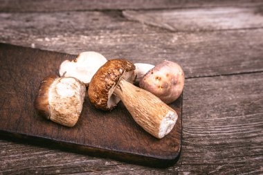 Ahşap Tahta Arka Planda Yenilebilir Yabani Mantarlar Lezzetli Türleri. Doğa ve Sağlıklı Gıda Kavramı.