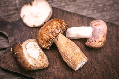 Ahşap Tahta Arka Planda Yenilebilir Yabani Mantarlar Lezzetli Türleri. Doğa ve Sağlıklı Gıda Kavramı.