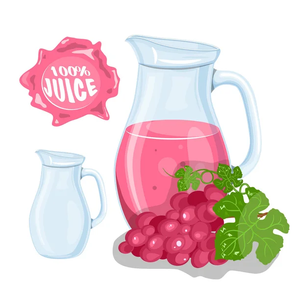 Vector set voor natuurlijke verse druiven jar in bank en druiven geïsoleerd op wit. Gezonde biologische fruit drank, cocktail, limonade voor gezond leven, — Stockvector