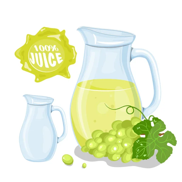 Conjunto vetorial de jarro de uvas frescas naturais em banco e uvas isoladas em branco. Bebida de fruta orgânica saudável, coquetel, limonada para uma vida saudável , — Vetor de Stock
