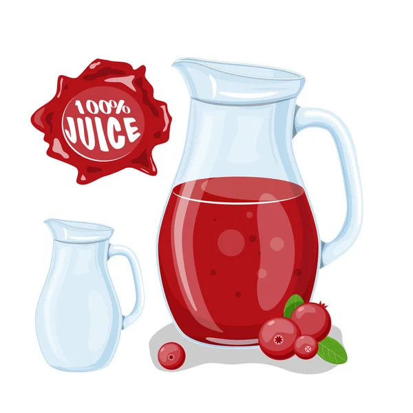 Egy üveg kancsó, vektor rajzfilm kártya friss bogyós gyümölcsök és smothie elszigetelt fehér áfonya gyümölcslé. Piros lé csepp vízcseppek. — Stock Vector