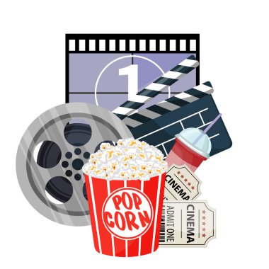Film zaman vektör çizim. Sinema posteri kavramı kırmızı yuvarlak zemin üzerine.