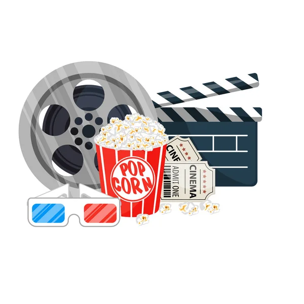 Film tijd vectorillustratie. Bioscoop poster concept op rode ronde achtergrond. Ontwerp van de banner van de bioscoop voor de filmtheater. — Stockvector