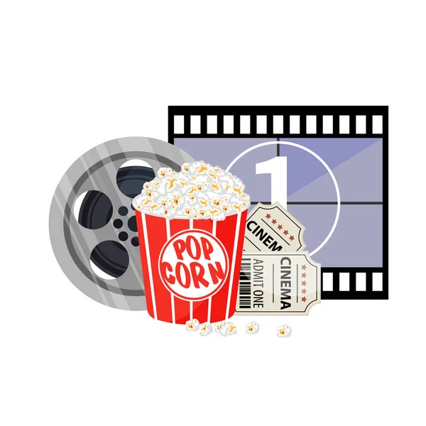 Movie time vector illustration. Cinema poster concept on red round background. Composition with popcorn, clapperboard, 3d glasses and filmstrip.