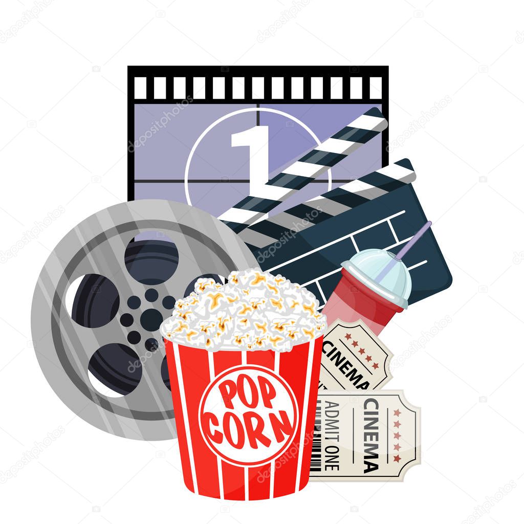 Movie time vector illustration. Cinema poster concept on red round background.