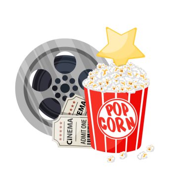 Film zaman vektör çizim. Sinema posteri kavramı kırmızı yuvarlak zemin üzerine.