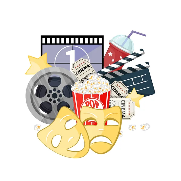 映画時間のベクトル図です。赤の丸い背景に映画ポスター コンセプト。ポップコーン、カチンコ、3 d メガネと写真組成物。映画館シネマ バナー デザイン. — ストックベクタ