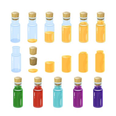 İksir şişe. renkli küme. Şişede ürpertici farklı miktarda dökülür.