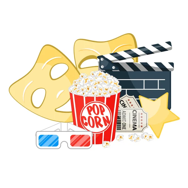 Movie time illustration. Cinema poster concept on red round background. Composition with popcorn, clapperboard, 3d glasses and filmstrip. Cinema banner design for movie theater. — Stock Photo, Image