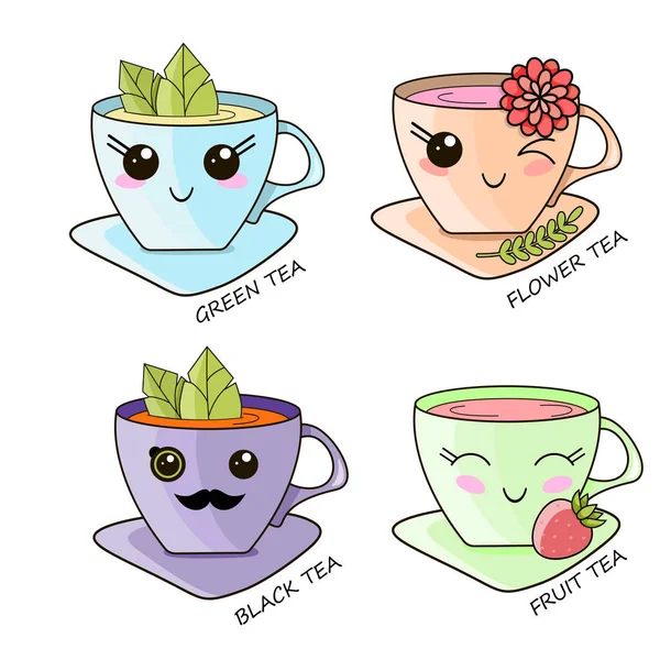 Cute Kawaii Hot Tea Cup Teabag Vector Ilustração — Vetor de Stock